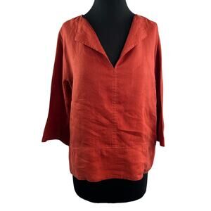 Trina Turk Out Of Office Brick Top Lagenlook Linen Split Neck 3/4 Sleeve Small S